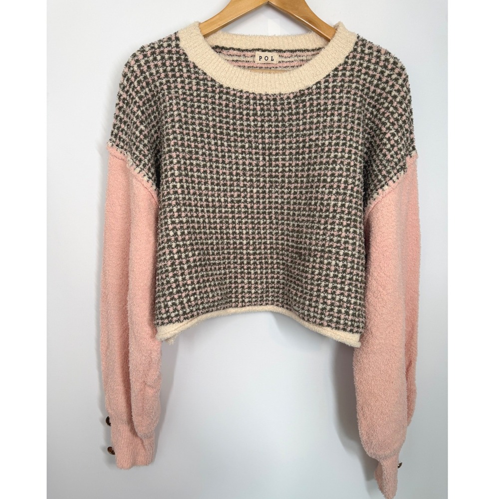 POL Cropped Sweater Pink Soft Fuzzy Button Detail Sleeve Women's L Boho Cozy - Picture 2 of 10